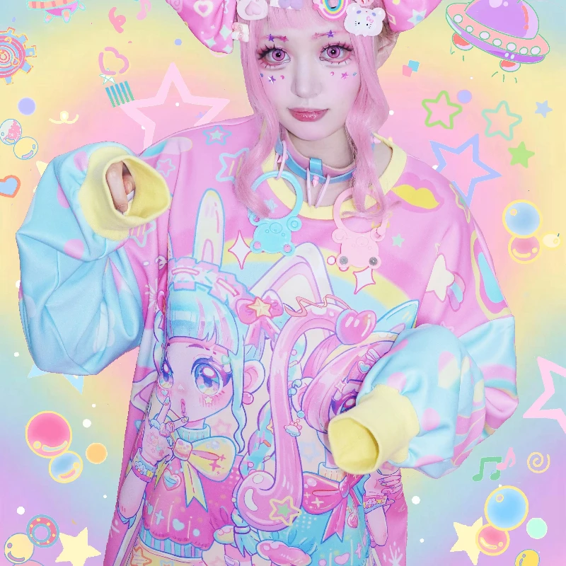 Design originale giapponese colorato cartone animato anime stampa pullover lunghi da donna autunno dolce fresco versatile felpa dimagrante