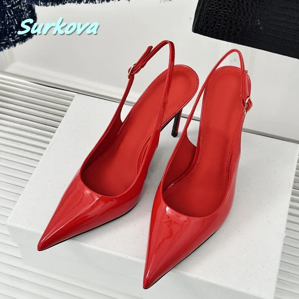 

Red Sexy Stiletto Pumps Summer Patent Leather Buckle Strap Slingbacks Pointed Toe Thin High Heels Fashion Women's Party Shoes