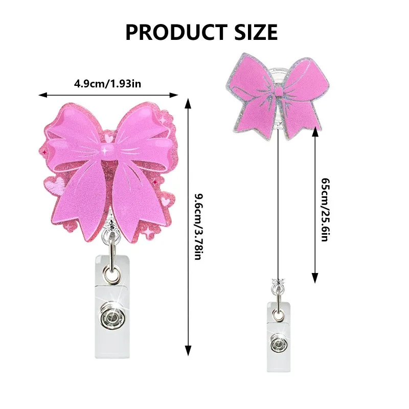 1pc New Acrylic Pink Bow Retractable and Rotatable Badge Clips Medical Women's ID Buckle Easy To Pull Badge Reel