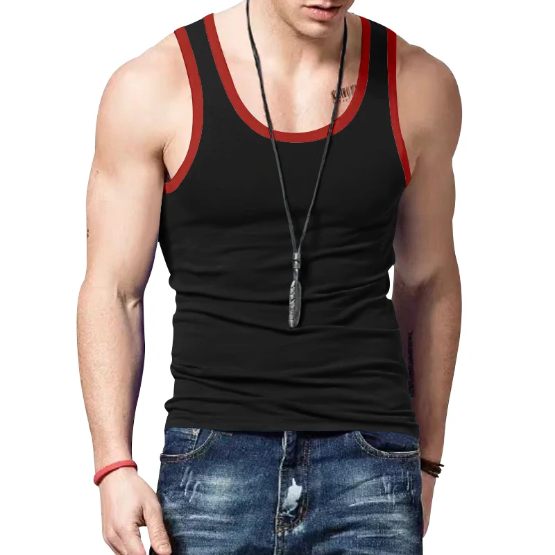 Men\'s Tank Top Pure Cotton Youth Summer Elastic Tight Sports Breathable Sleeveless Bottom Sweatshirt Slim Fit Contrast Color Tre