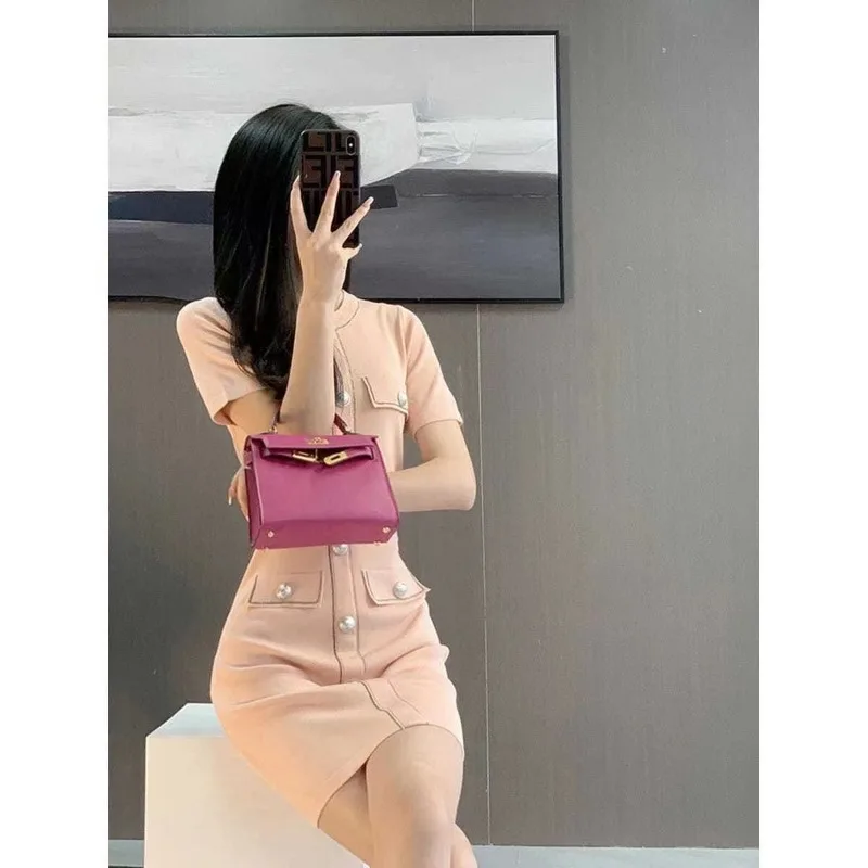 New Elegant Dress Women Summer Knitted O-neck Short Sleeve Single Breasted Pearl Buttons Mini Dresses Office Lady Vestidos