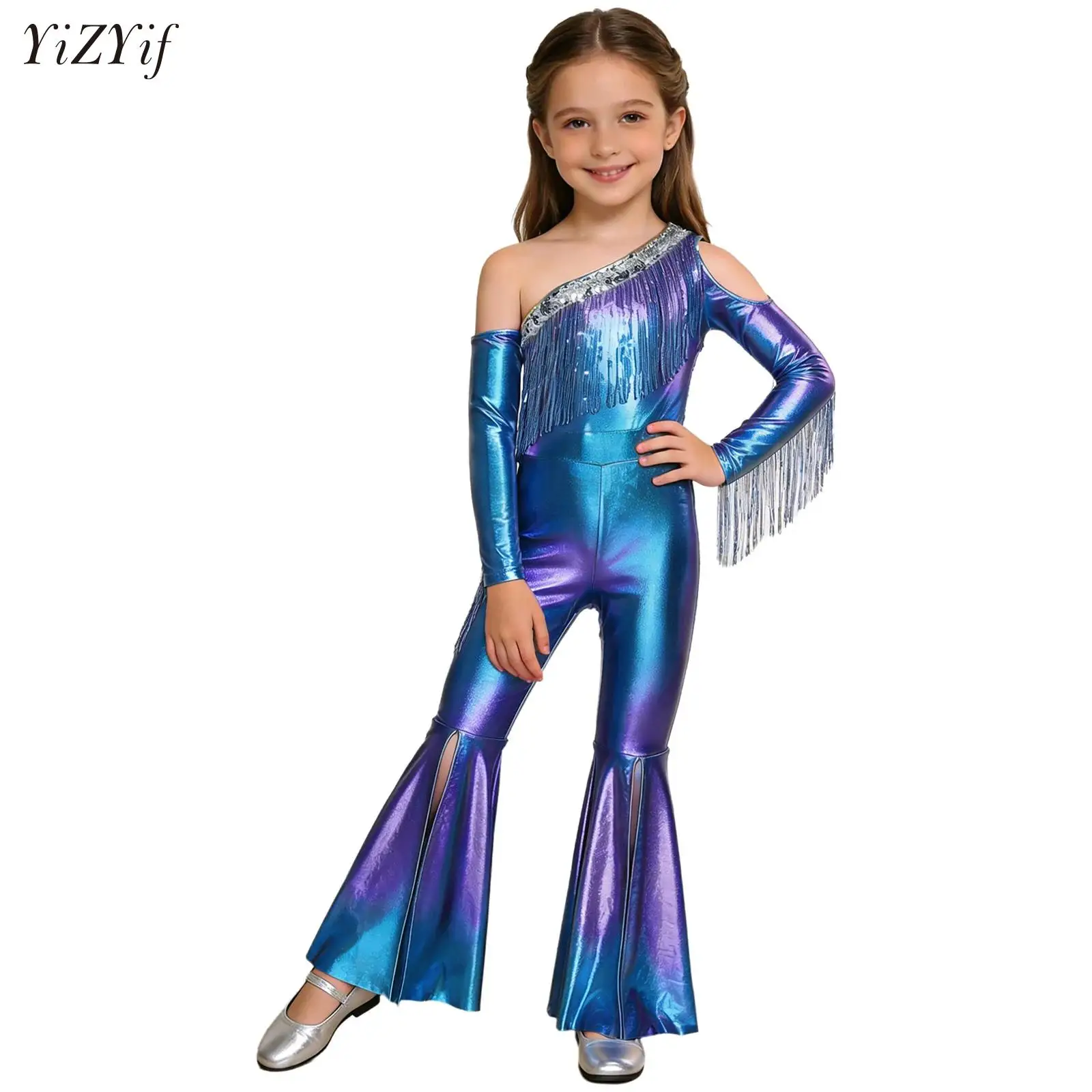 Kids Girls Metallic Rompers Jazz Dance Performance Costumes 70s Hippie Flare Sleeve Ruffle Bell Bottom Full Bodysuit Jumpsuit