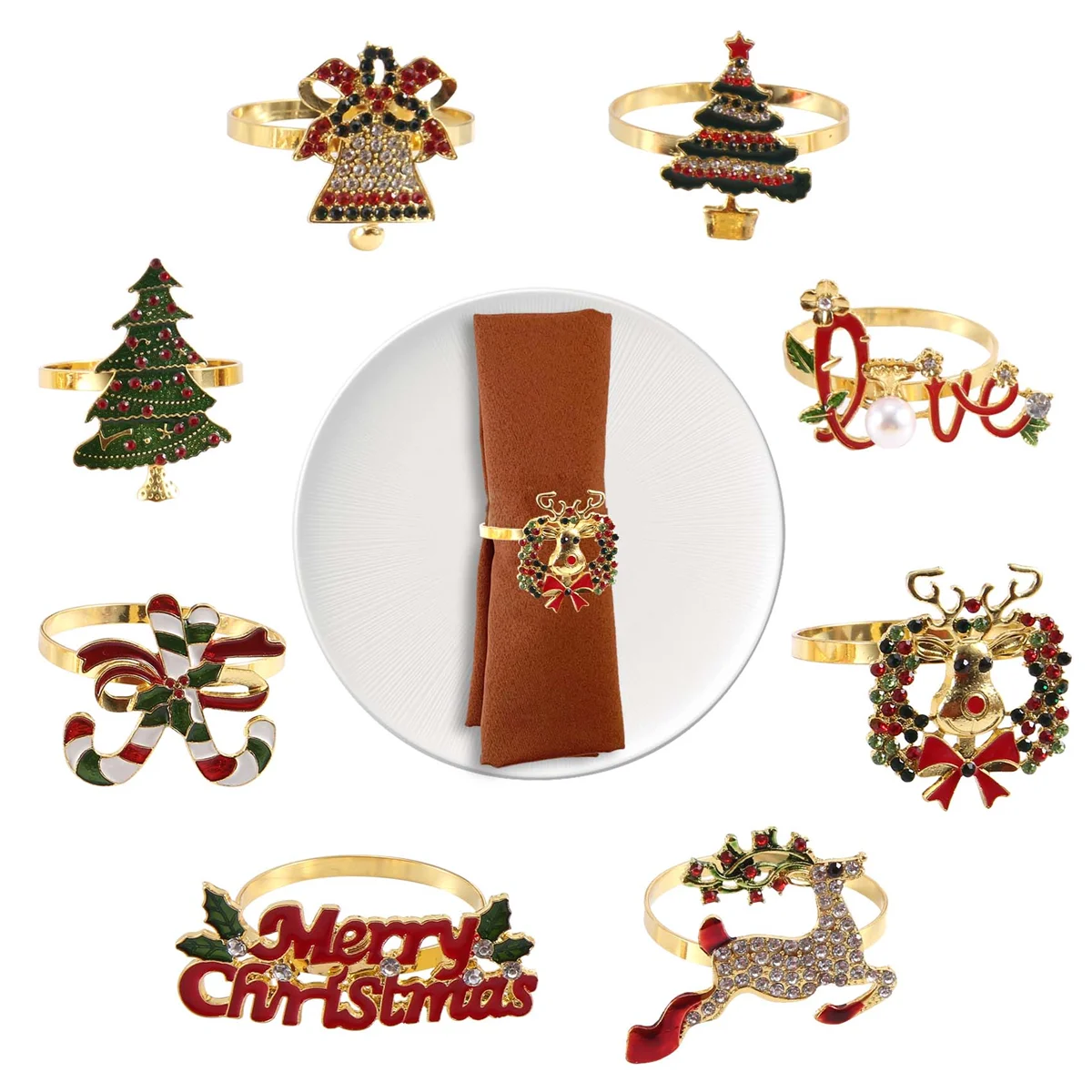 Christmas Napkin Rings - Set of 8 Napkin Holder Rings for Holiday Christmas Table Decoration Napkin Buckle