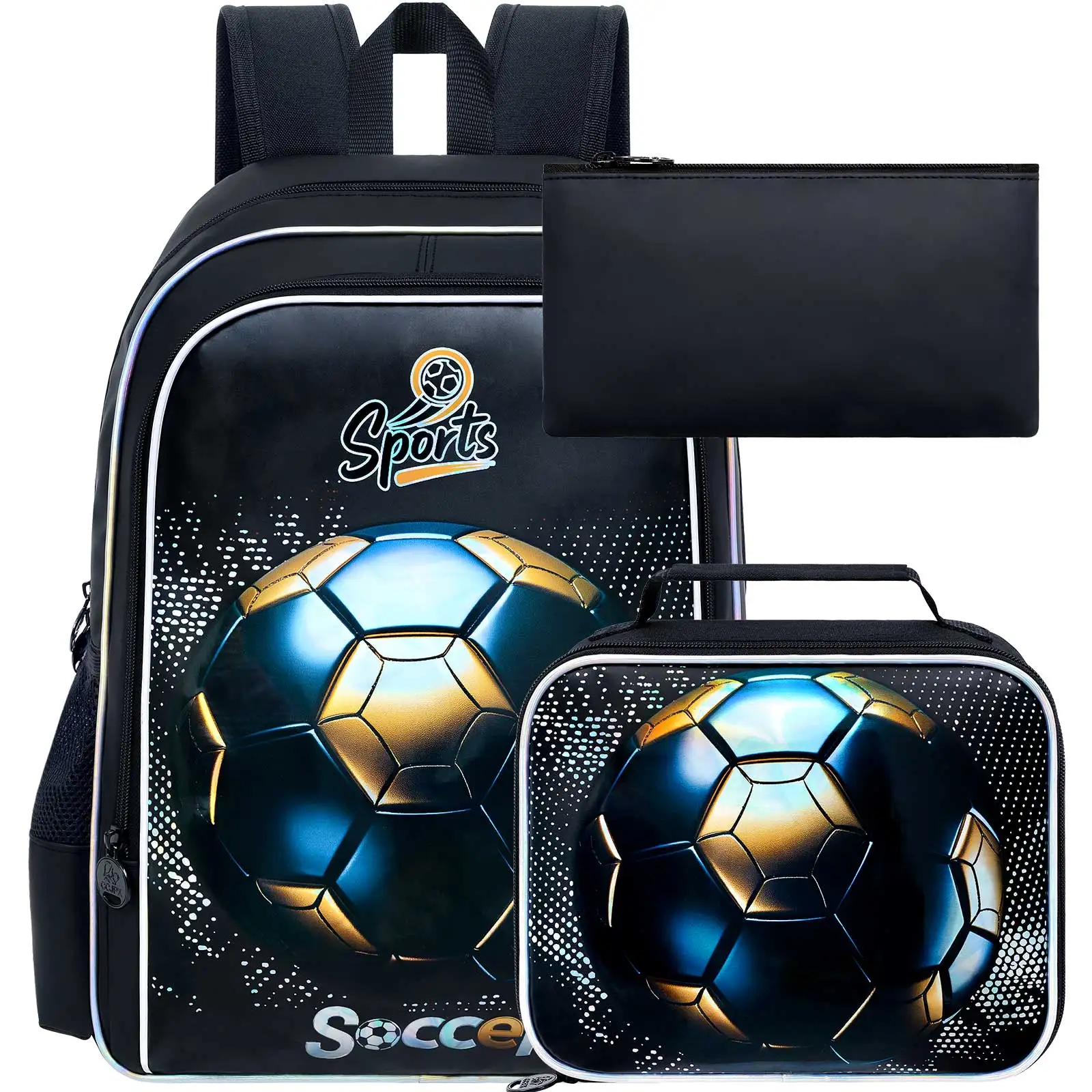 

3PCS Boys Soccer Backpack, Kids Bookbag with Lunch Box, 17" School Bag for Teenagers Elementary Middle