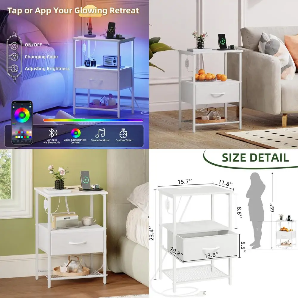 

Комплект из 2 белых прикроватных тумбочек с зарядной станцией и LED-подсветкой для спальни, общежития, детских комнат и прихожих