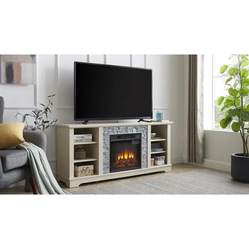 Moderne elektrische open haard mediastandaard met open opbergruimte en 18" inzetstuk, wit, 58,31"B x 15,39"D x 26,06"H