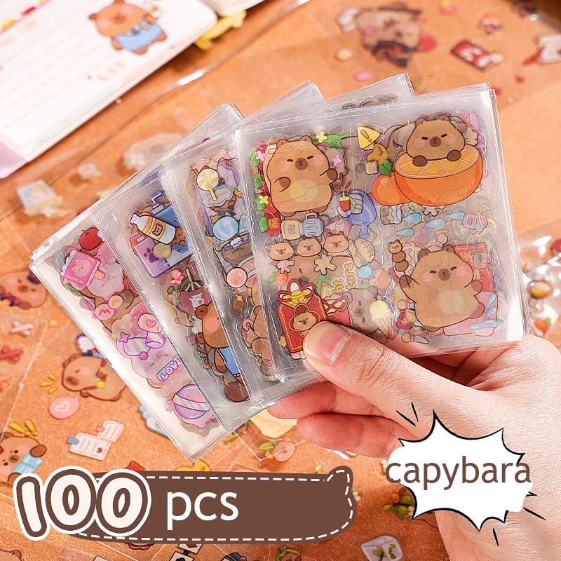 100pcs Kawaii Capybara Sticker Waterproof PET Gift Box Sticker Scrapbook Stickers Pack Diary Decoration Children\'s Stickers