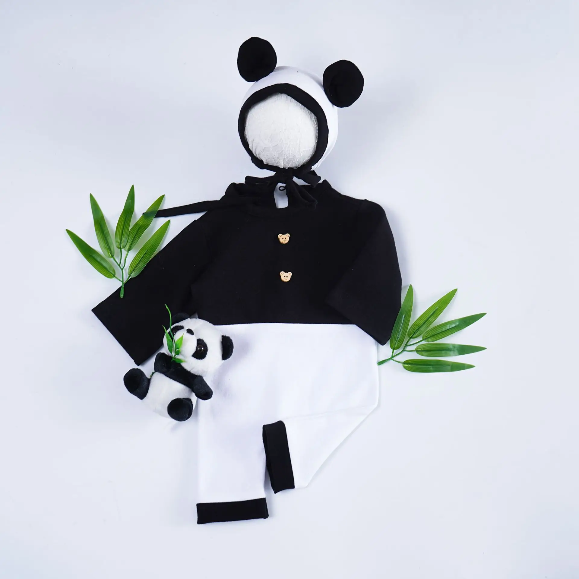 Sunshine Pasgeboren Fotografie Props Babykleding Panda Thema Breien Jumpsuits En Pop Hoed Pakken Schattige Dieren Foto Kleding