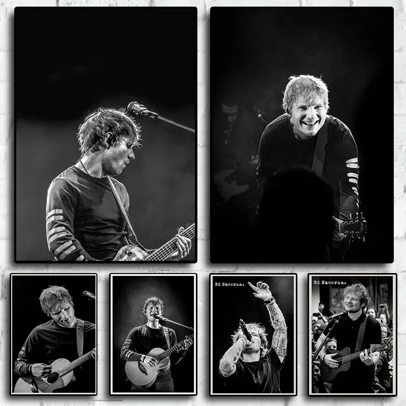 Pop Rock Singer Ed Sheeran Poster Aesthetics Black and White Guitar Concert Music Album Cover Canvas Print Wall Art Room Decor