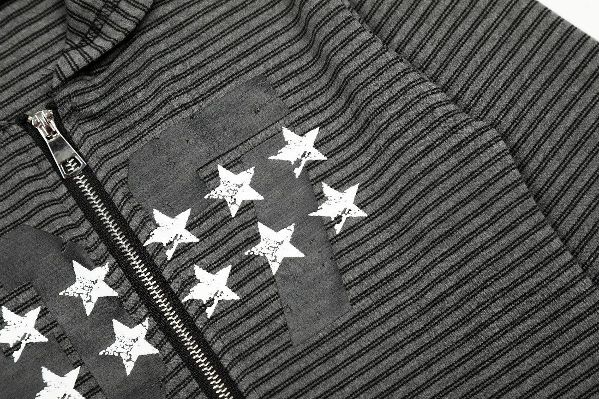 Unique Design Star Print Striped Sweatshirt Women's Clothes Autumn Slim Fit Versatile Zipper Short Long-sleeves Jacket Outerwear