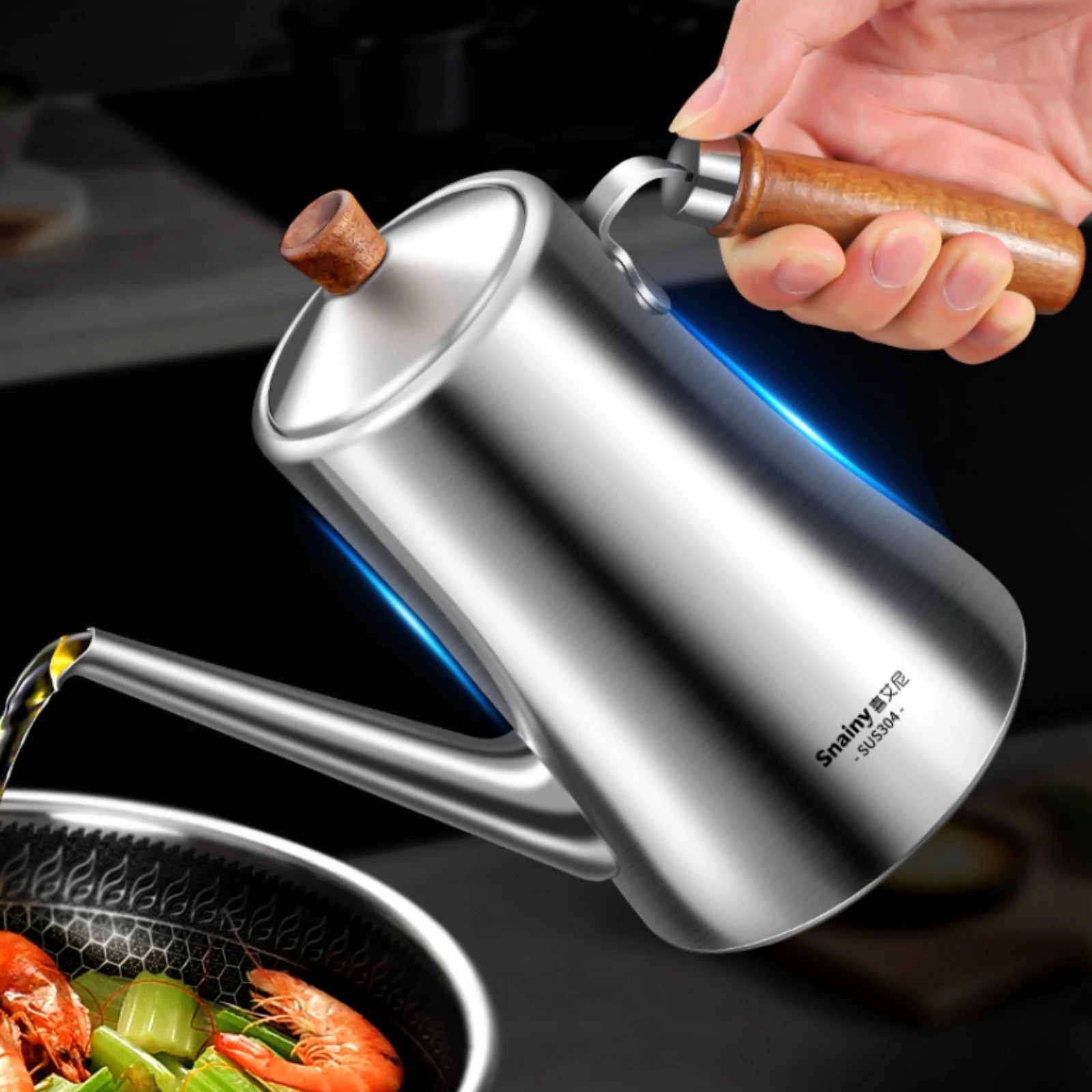 

Stainless Steel Oil Dispenser Wood-Look Handle Oil Jug with Spout Kitchen Storage Polished Metal Easy to Clean