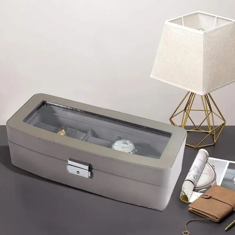 Multi-position watch box Wooden flannel 5-position watch box Transparent display window pu leather watch storage box