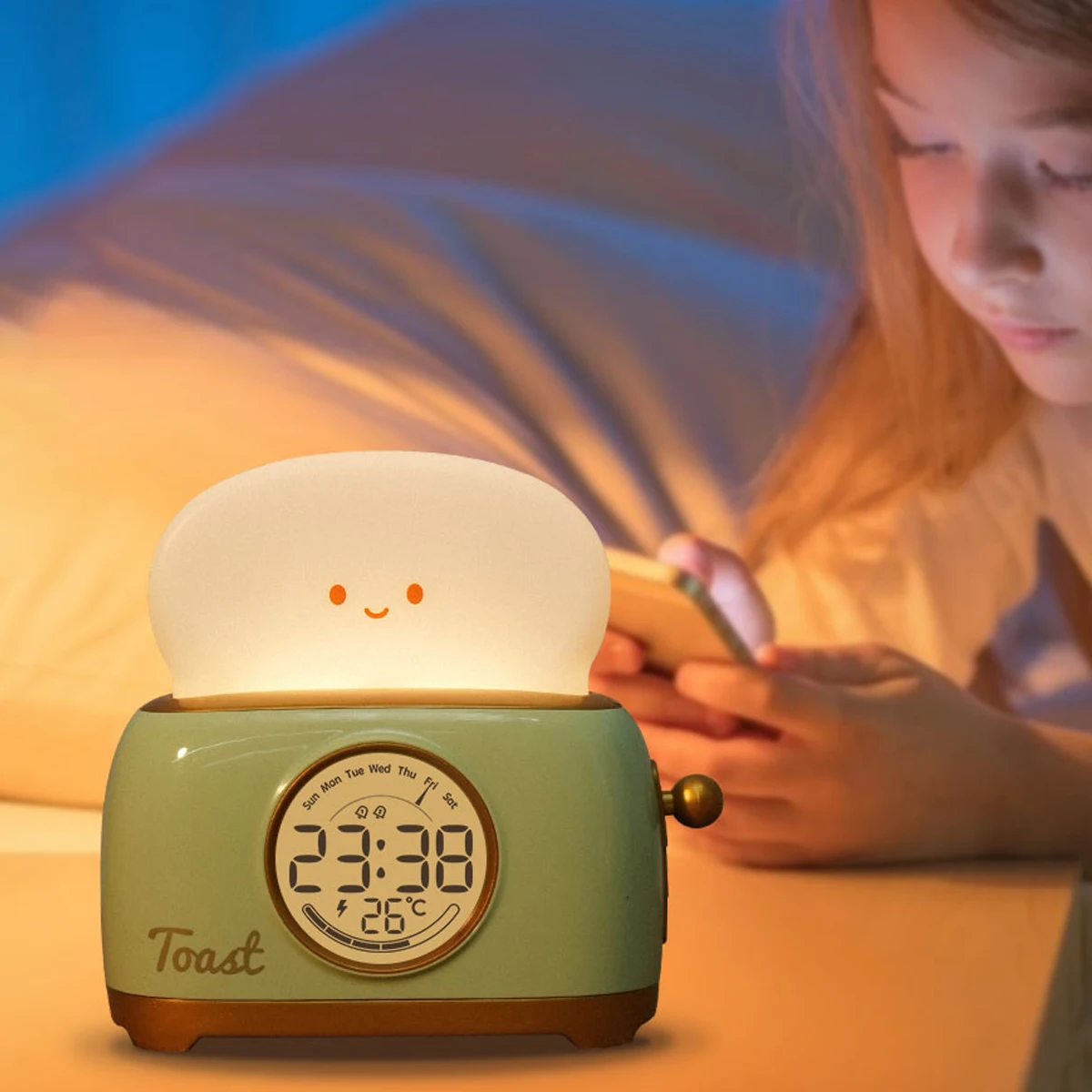 Bread Maker Night Light Alarm Clock Toast Night Light Timing Alarm Clock USB Charging Desktop Decorative Lamp Children\'s Gift