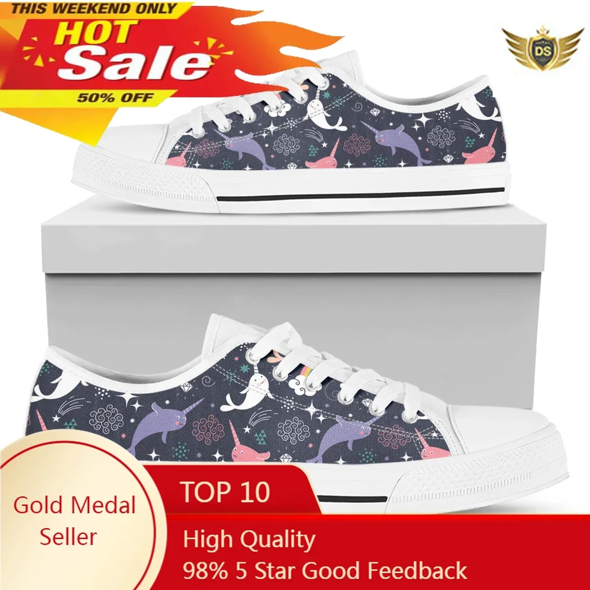 Trend Graffiti Lace Up Canvas Shoes Fashion Print Narwhal Low Top Ladies Flat Shoes Wild Soft Sole Casual Shoes