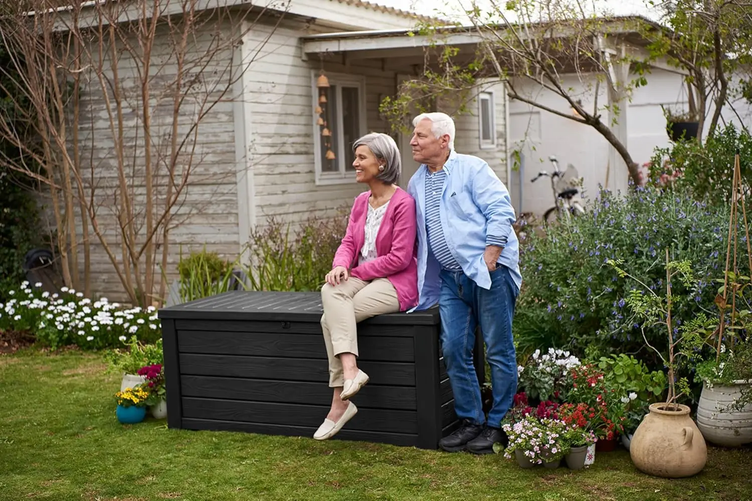 Outdoor Storage Deck Box, 150 Gallon Resin Patio Bin & Bench, Solid, Dark Grey