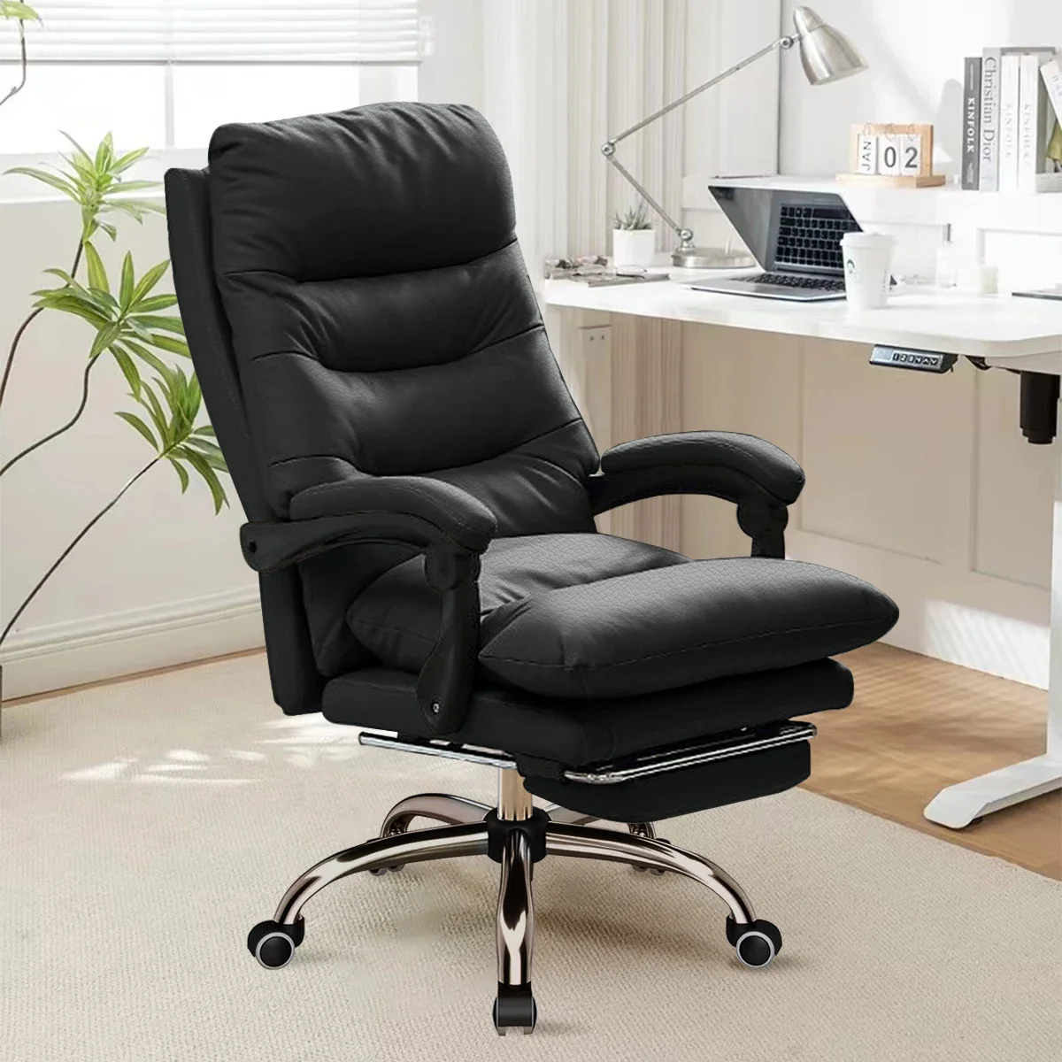 Ergonomischer Bürostuhl mit Verstellbarer Lendenwirbelstütze und Fußstütze - Schwenk- und Neigefunktion für Heim- und Geschäftsnutzung