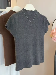 Half Turtleneck Women Knitted T Shirts Spring New Solid Simple Female Short Sleeve Tops Y2K Korean Fashion Streetwear Slim Tees