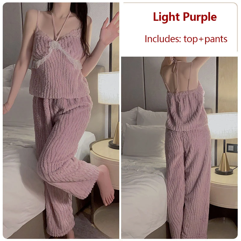 Autumn Winter Warm Women Pajama Suit Sexy Coral Velvet Warm Loungewear Sleepwear Pants Robe Simple Casual Flannel Lace Homewear