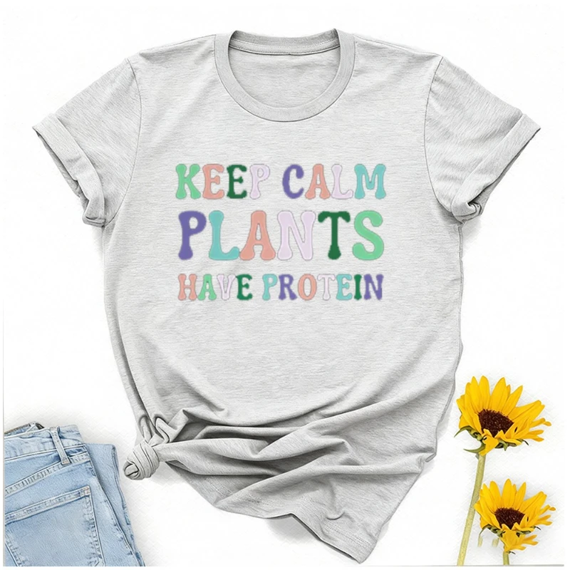 حافظ على الهدوء نباتيًا يحتوي على قميص بروتين تي شيرت نباتي هدية خطابات تي شيرت مطبوع بلايز Crewneck قطن عالي الجودة #4