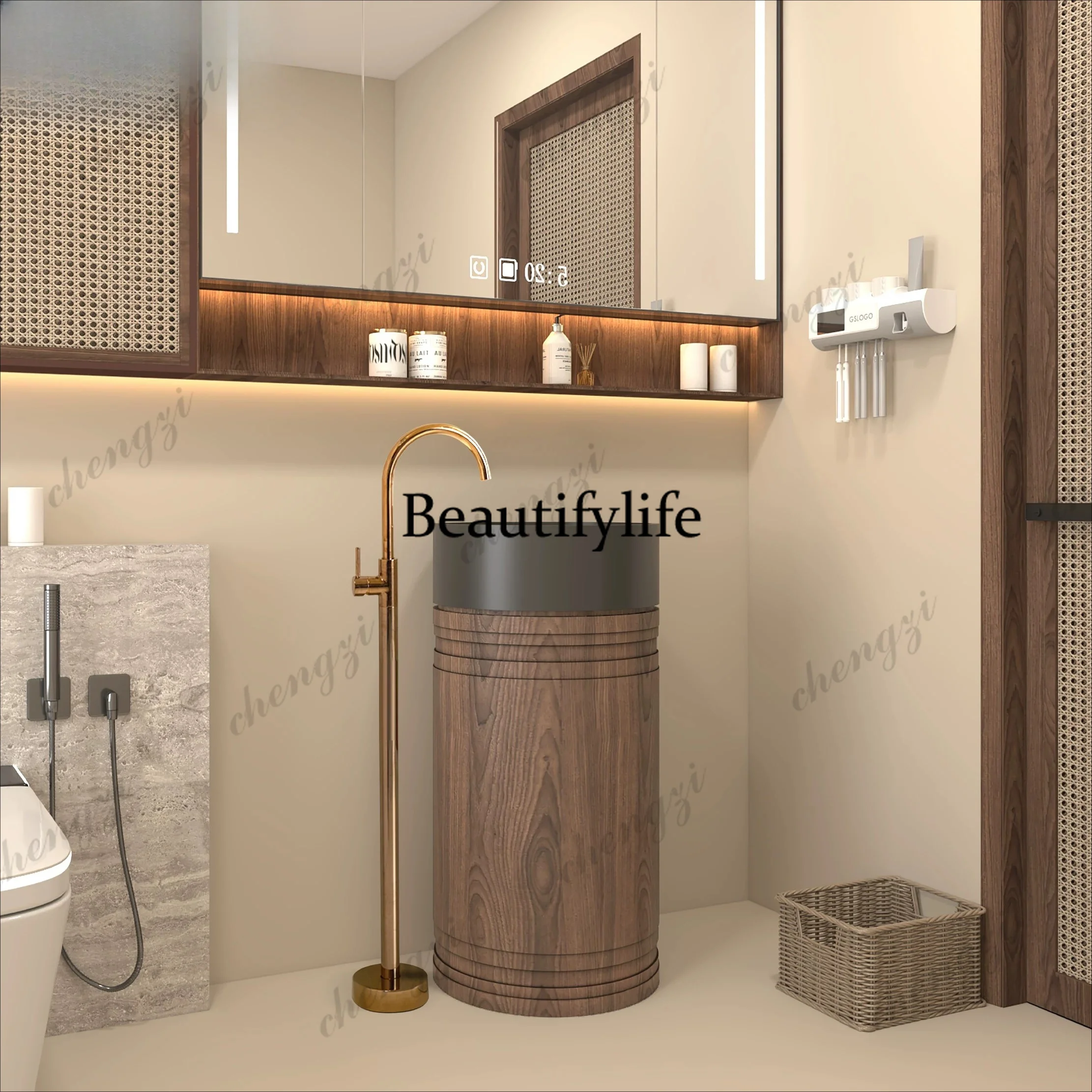 Medieval style sink, column, washstand, bathroom, bathroom, integrated floor-to-ceiling retro creative walnut texture