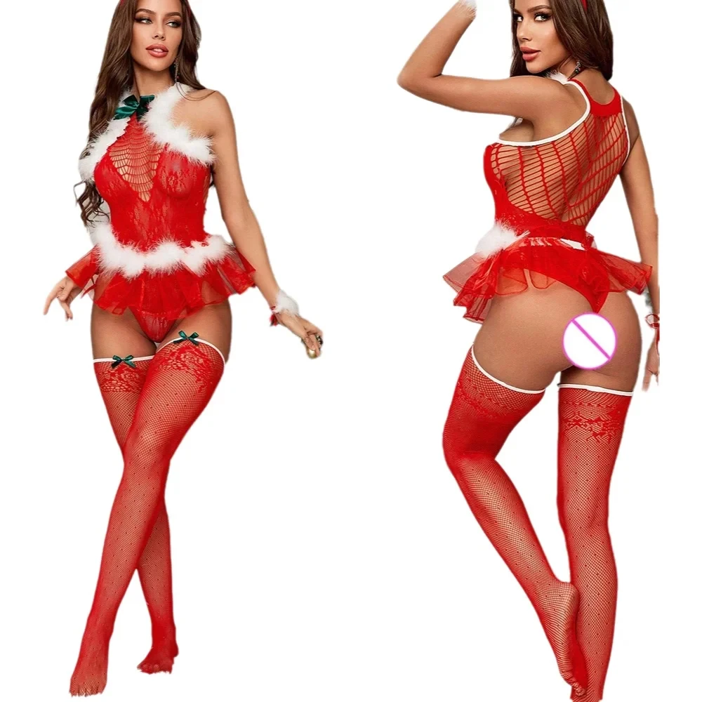 FHSEER Women Christmas Lingerie Set  Santa Outfit Set Cosplay Costume Nightwear Babydoll Lace Mesh Fluffy Furry Lingerie