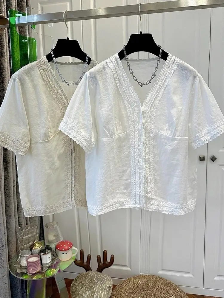 Chemisier en mousseline de soie pour femmes, vêtements de Style coréen, col en v, manches courtes, coupe ample, décontracté, haut tendance, nouvelle collection