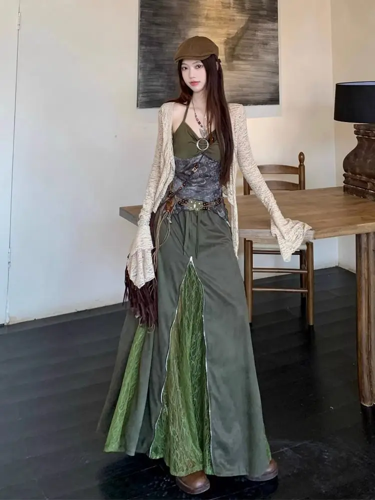 Retro Green Halter Neck Midi Skirt Set Women's Fashionable Spring Vacation Travel Clothing High Waist Short Length Skirt