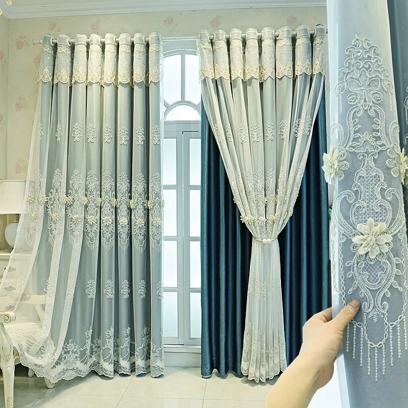 

Luxury Curtains for Living Dining Room Bedroom High-grade Atmosphere Embossed Embroidery Gauze Window Drape Blackout Custom Size