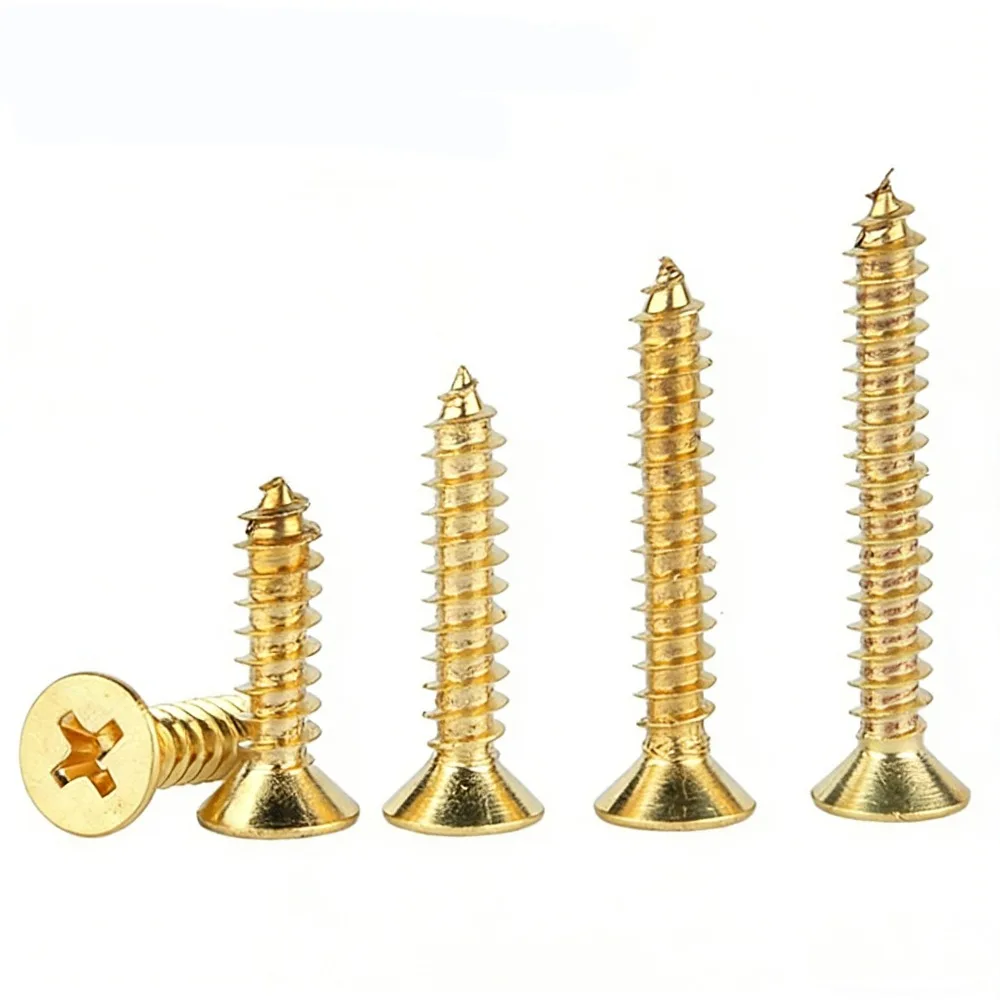 KA 2×8mm Gold Copper-Plated Phillips Flat Head Self-Tapping Wood Screws Hardware Fasteners for Furniture Woodworking 50/100Pcs