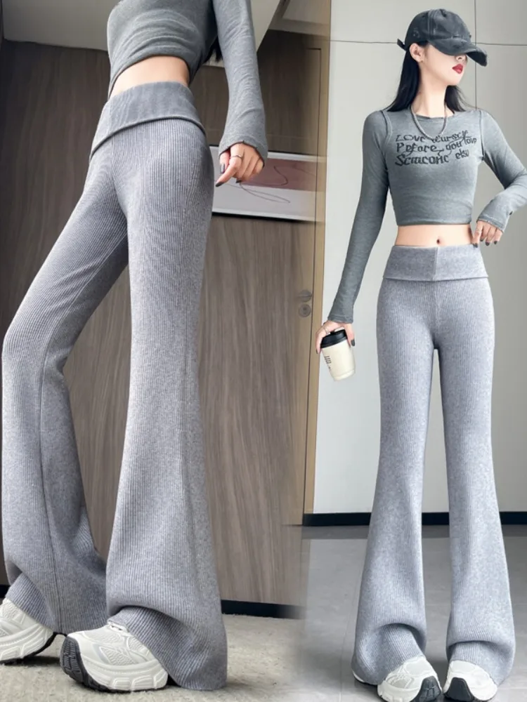 ارتفاع الخصر محبوك جرس بوت السراويل النسائية خريف شتاء 2025 جديد Sle البطن التحكم التخسيس سراويل تقليدية مرنة