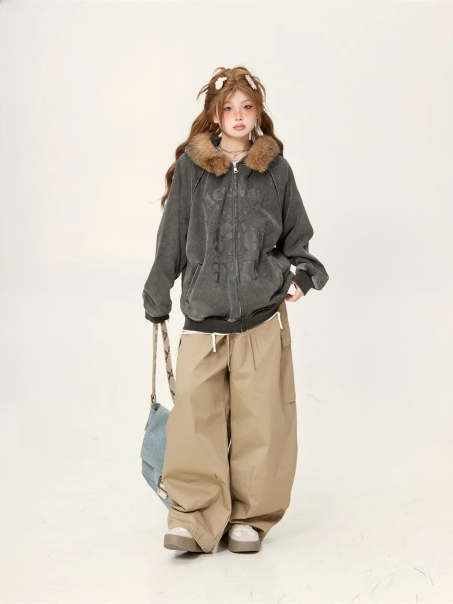 Laid-back Chic Zipper Hooded Cardigan Women's Spring Autumn Thin Loose Fit Coat Trendy Brand Korean Style Long Sleeve