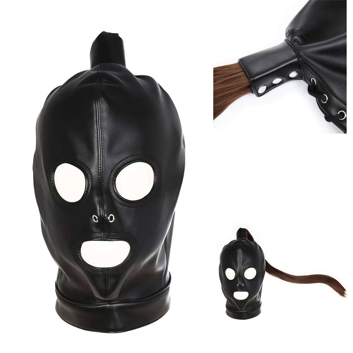 Unisex Roleplay Mask Cosplay Bondage Sexy Mask Hood with Top Wig Braid PU Headwear Handmade Halloween Party Women Game Custumes