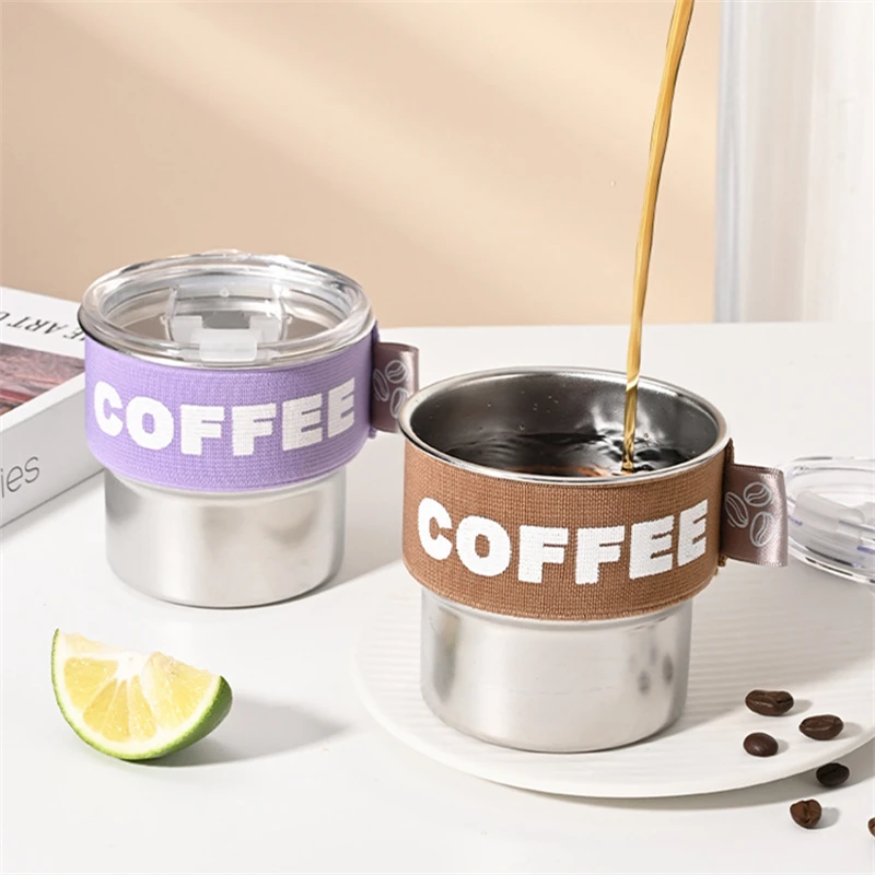 350ML Coffee Cup with Lid Stainless Steel Insulated Breakfast Milk Mug Drinkware Heat-Resistant Metal Tumbler Portable Water Cup