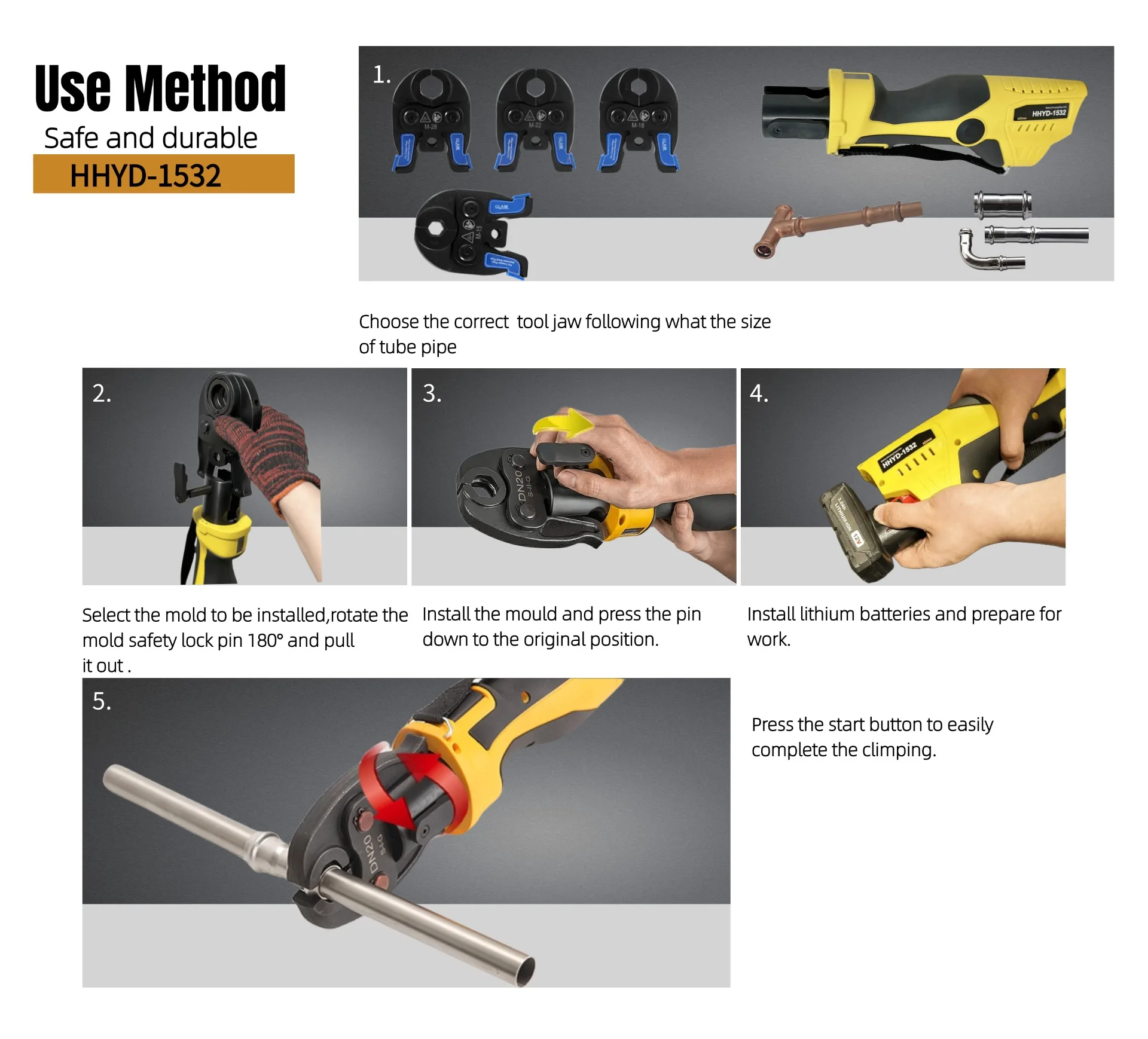 Cordless Hydraulic Steel HVAC Plumbing Tool Kit 4Jaw TH16 20 26 32,DC 12V 2 Battery 1 Charger Crimping Aluminum Plastic PEX