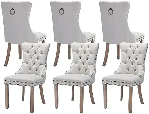 Linen Dining Chairs Set of 6, Upholstered Tufted Dining Room Chairs with Nailhead Trim Wood Legs Back Ring, Armless