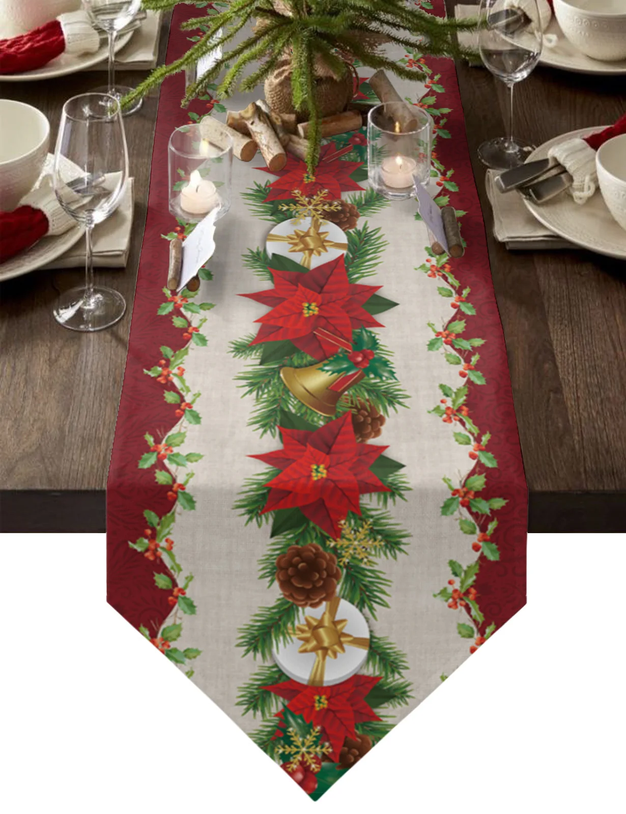 

Christmas Berries Holly Pine Branches Dining Table Runner Anti-stain Rectangular Table Runner for Dining Table Wedding