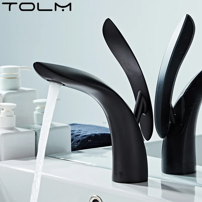 

Смеситель для ванной комнаты Tolm, для раковины с креплением на раковину, для горячей и холодной воды, матовый черный, с дельфином
