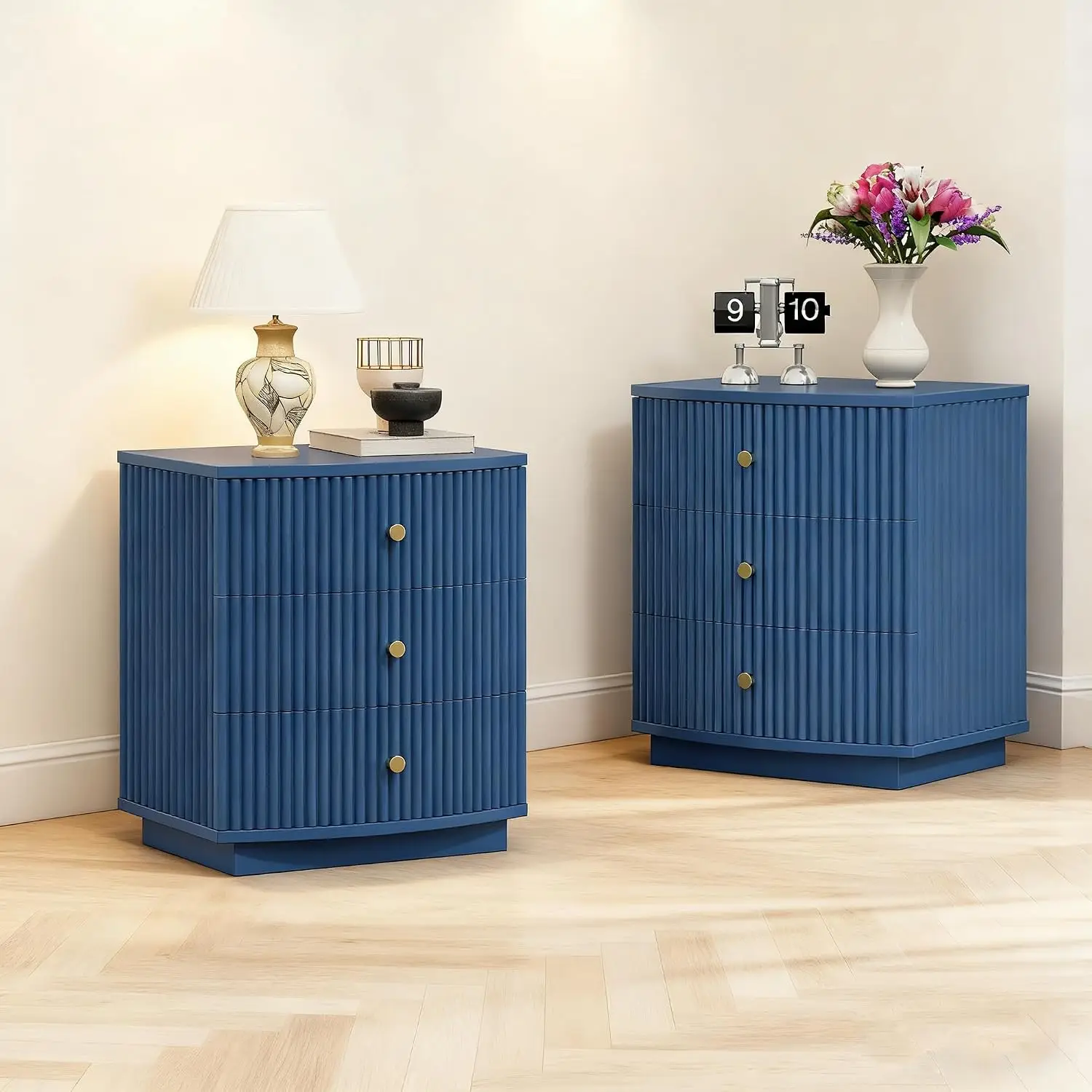 Mid-Century Curved Storage Side Table 3 Drawers Grooved Wood Nightstand Compact Bedroom Living Room Small Spaces, Customized