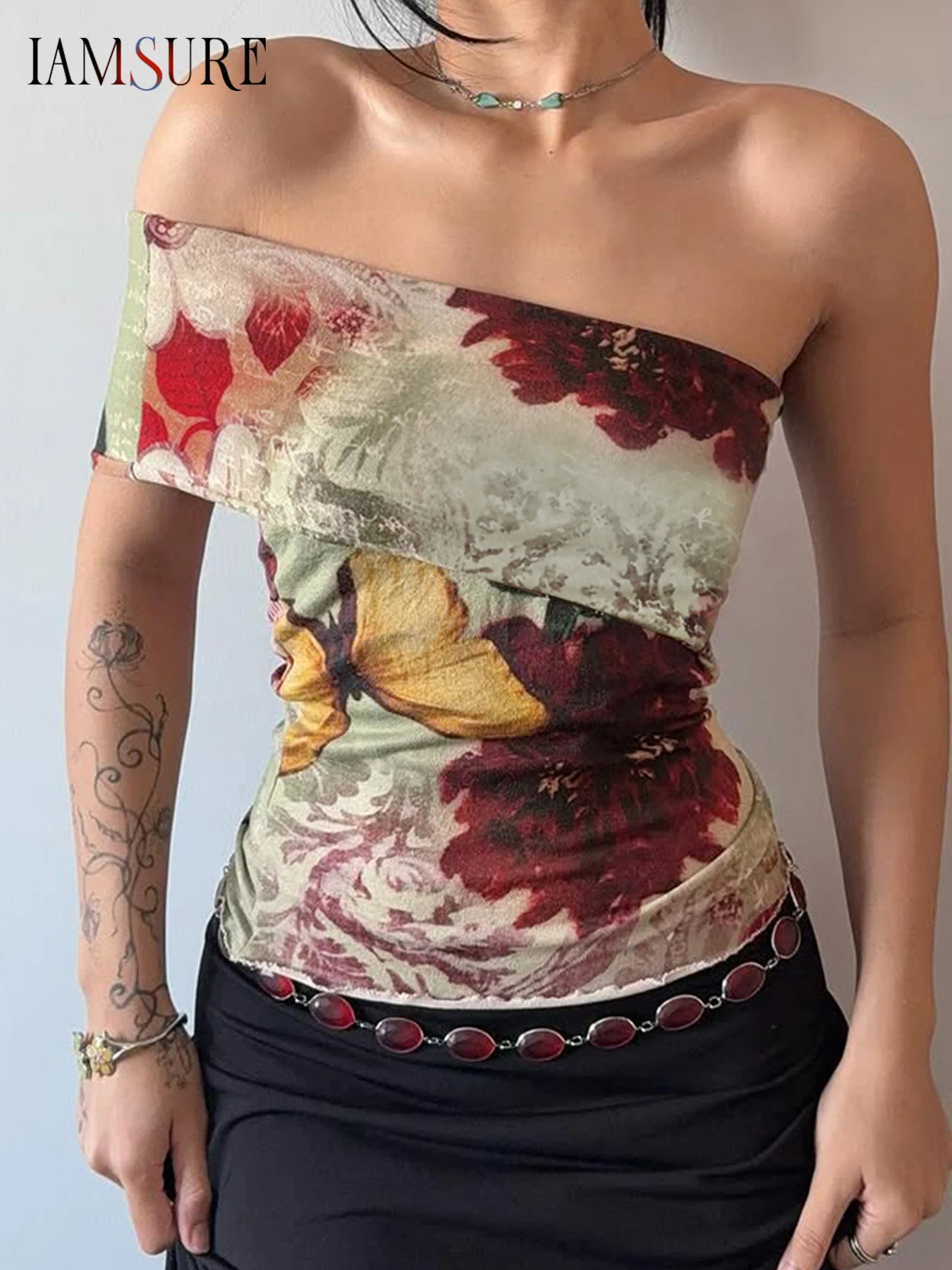 

IAMSURE Vintage Butterfly Floral Tube Tops Sexy Slim Slash Neck Sleeveless Tank Tops Women 2025 Summer Fashion Streetwear Ladies