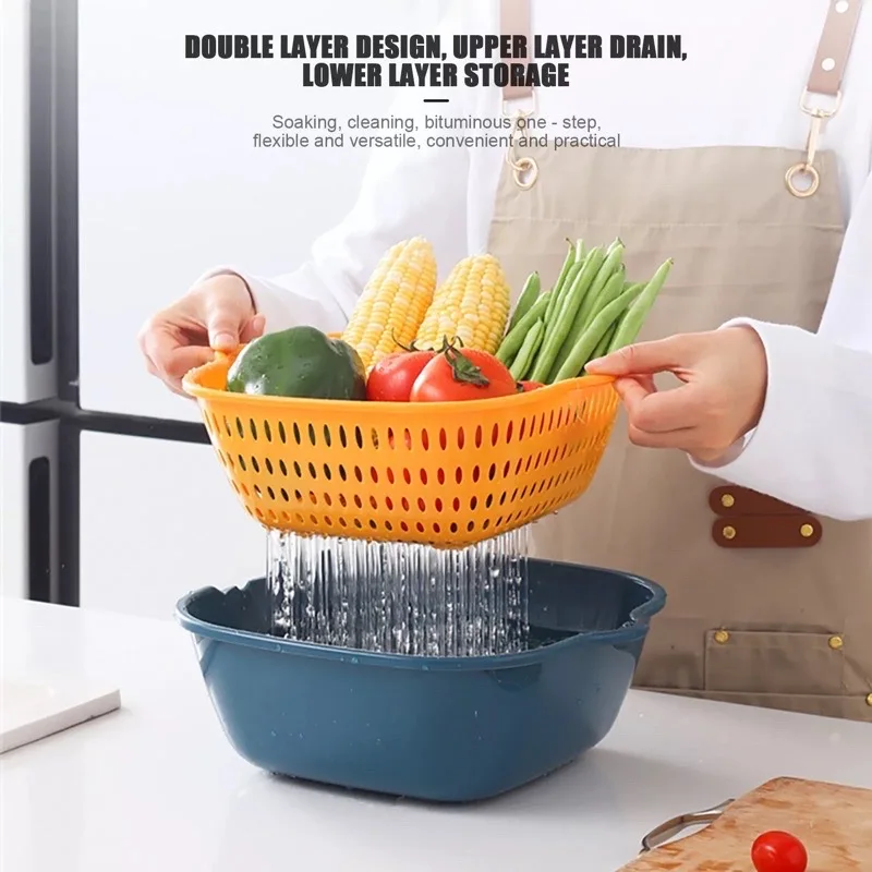 Double-Layer Vegetable Sink Drain Basket 6-Piece Set Kitchen Fruit Plate Living Room Household Vegetable Washing Basin Vegetable