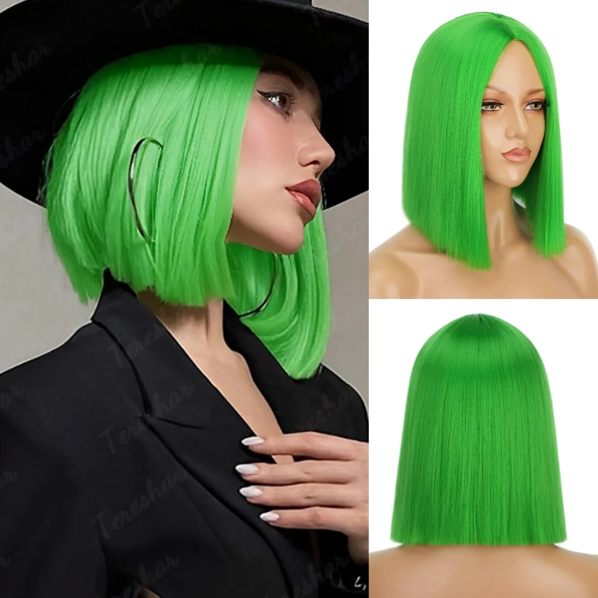 شعر مستعار صناعي أخضر للنساء، شعر مستعار قصير بوب، شعر مستعار طويل مستقيم، شعر مستعار قصير مموج، شعر مستعار أفريقي مجعد، شعر مستعار أخضر لحفلة عيد القديس باتريك