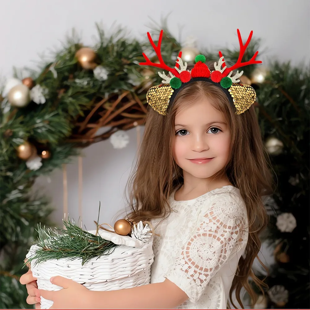 Creative Cute Christmas Headband Flocked Antler Headwear Deer Ear Headband Glitter Sequin Photograph Props Xmas Hairband Kids