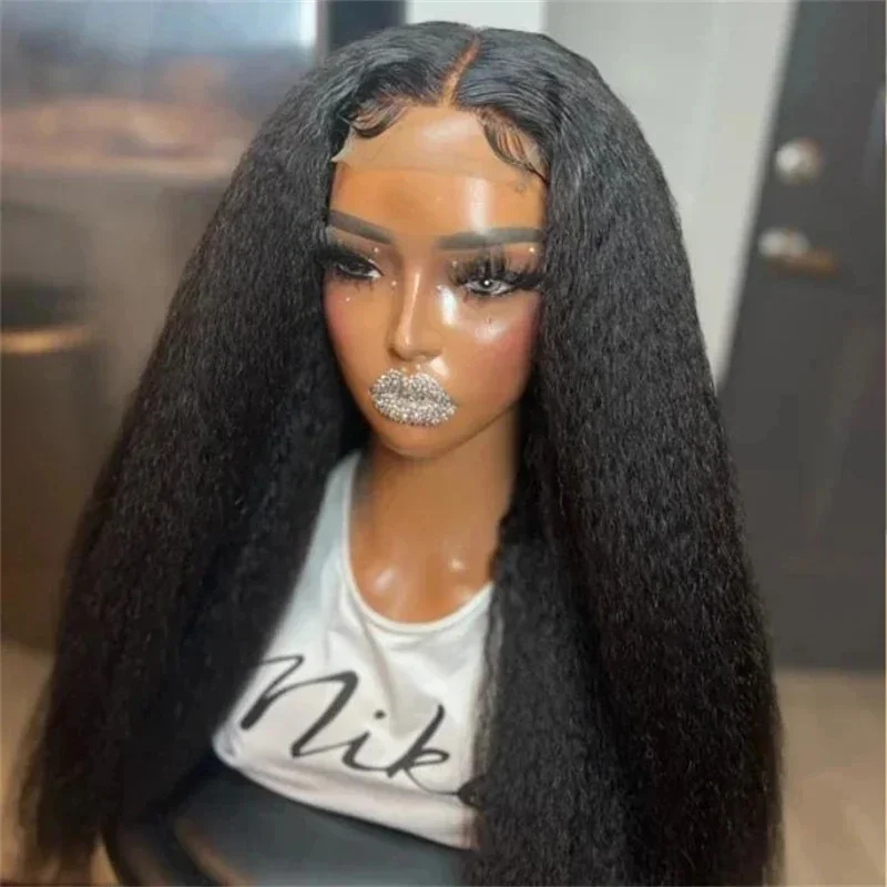 26Inch Long Yaki Black 180Density Glueless Kinky Straight Deep Lace Front Wig For Women With BabyHair Preplucked Daily