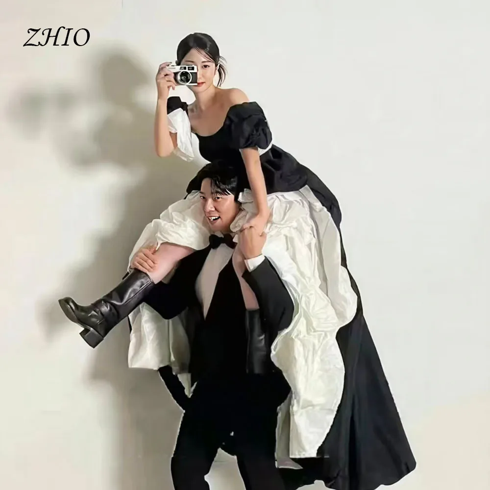 ZHIO Black Contrast White Wedding Party Dress Sweetheart Remove Sleeves High Low Korea Photo Shoot Bridal Reception Gown Custom
