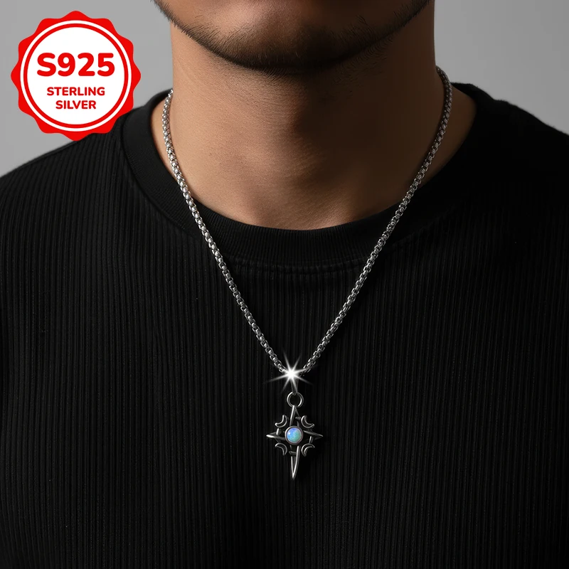 

Мужской кулон из серебра 925 пробы в стиле ретро-панк с луной и четырехконечной звездой, идеально подходит в качестве подарка для мужчин.