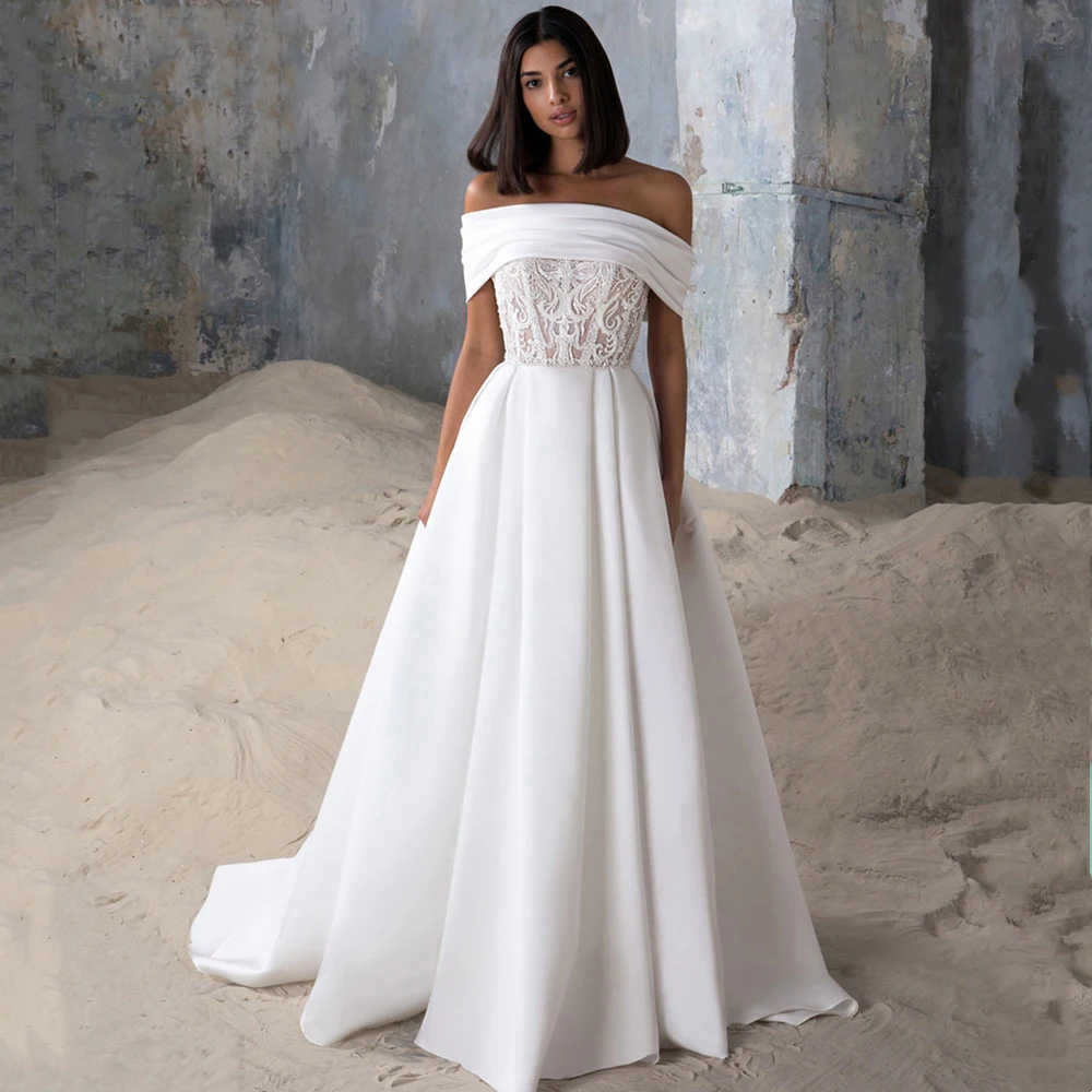 Msikoods moderno vestido de casamento para as mulheres cetim strapless princesa sem costas rendas apliques osso nupcial vestido 2023 novia