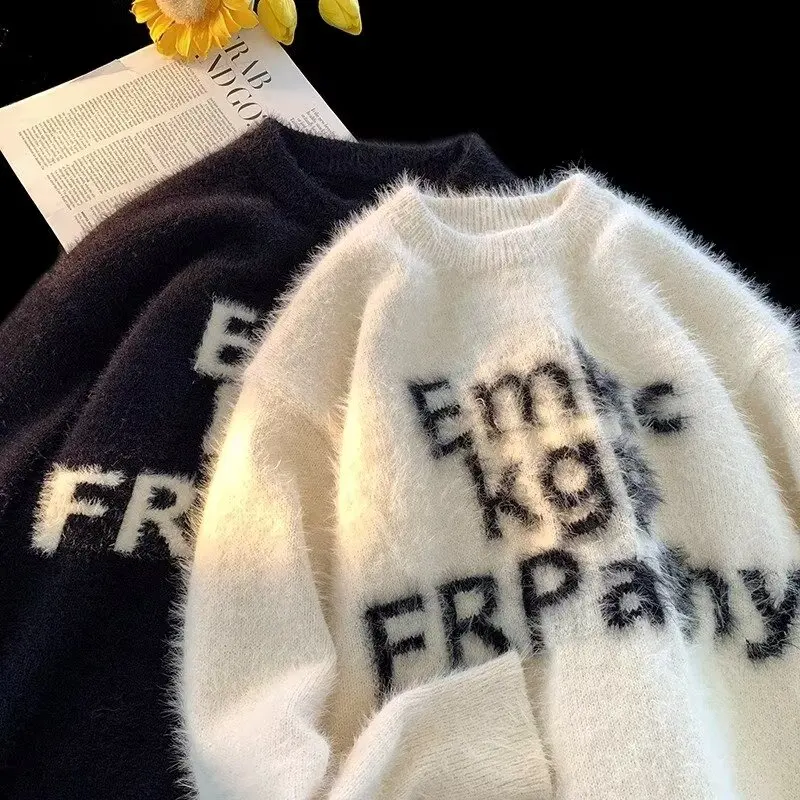 

American Retro Lettering Camere Sweater Loose Men's Soft Cozy Knitted Outerwear for Autumn Winter Couples Casual Sle