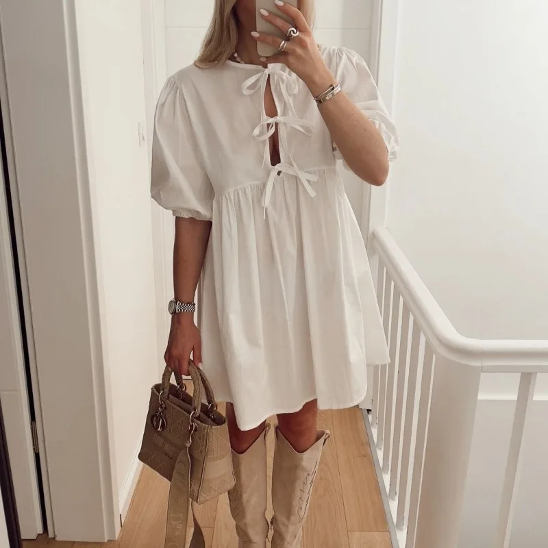 

HOUZHOU Lace-up Hollow Out Mini Dress for Women Summer 2024 Elegant Chic Solid O-Neck Puff Sleeve Sweet Loose Short Dress Casual