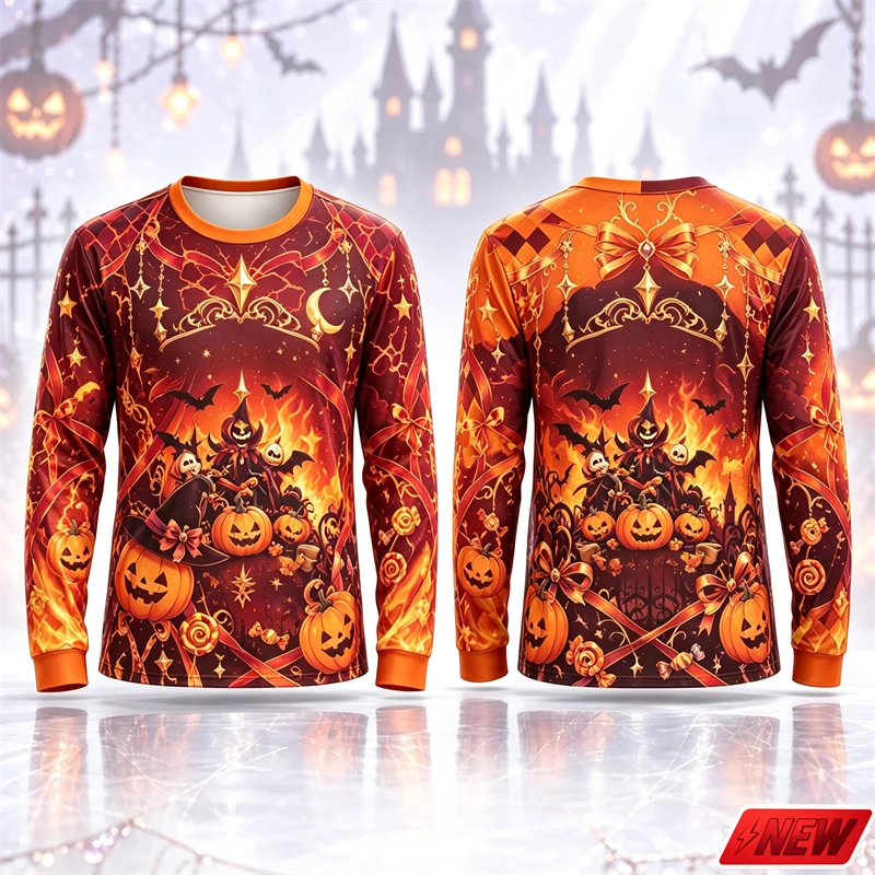 Halloween Gothic Jack O Lantern Pattern Long Sleeve T Shirt Men 3D Print Flame Skeleton Star Tee Quick Dry Holiday Top Unisex