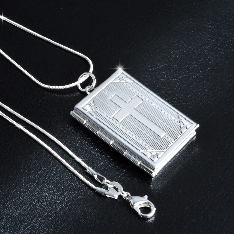 New 925 Sterling Silver Square Shape Carve Cross Locket Photo Pendant Necklace Lovers Charms Gift El Collar Jewelry